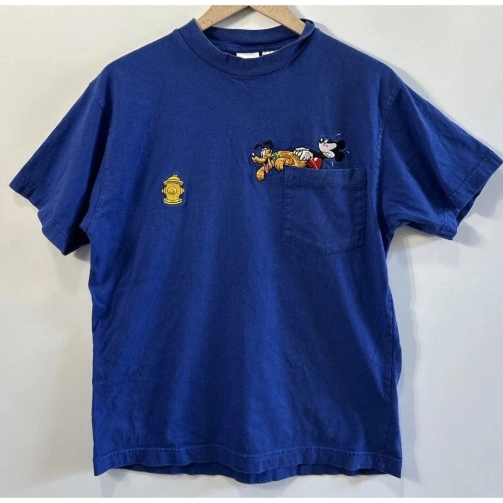 Vintage The Disney Store Mickey & Pluto Pocket T Shirt Sz Med Blue